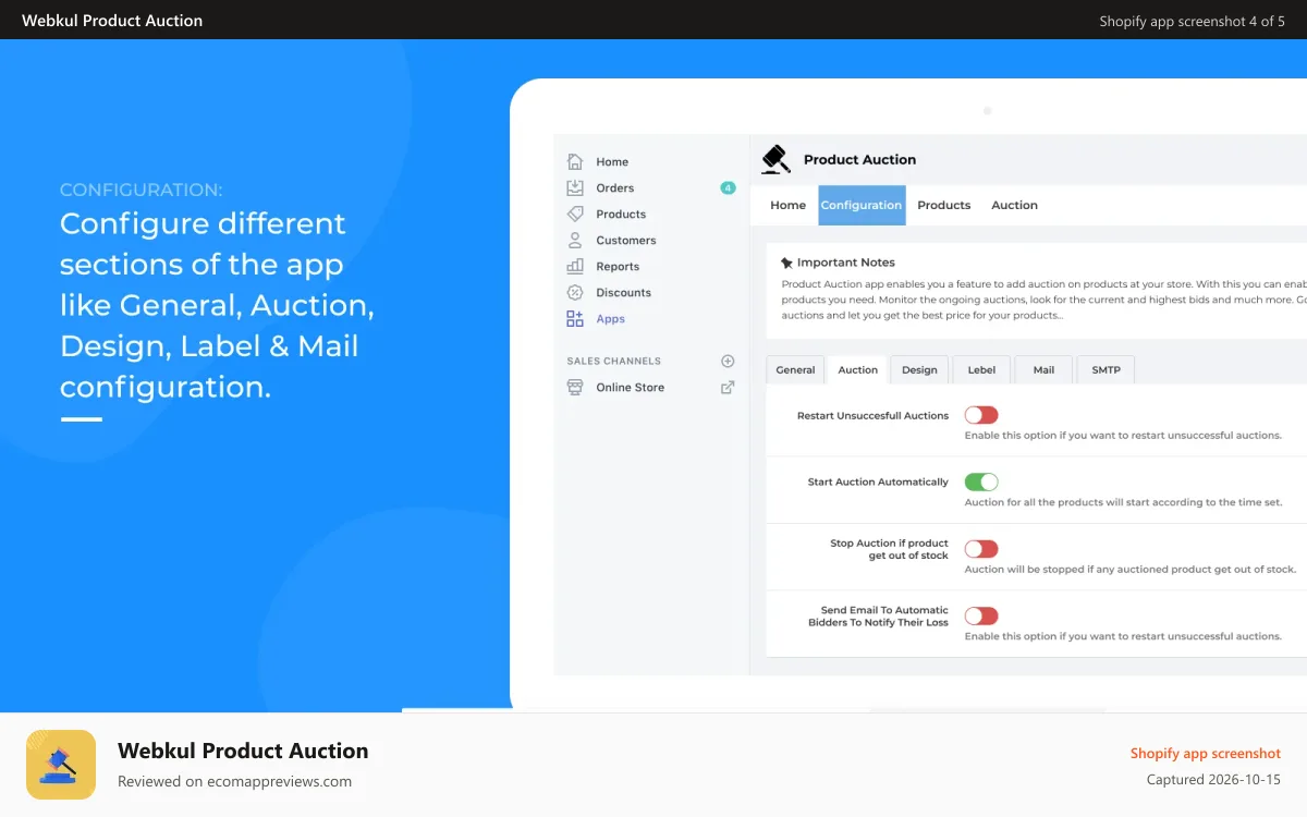 Webkul Product Auction Shopify app screenshot: auction configuration