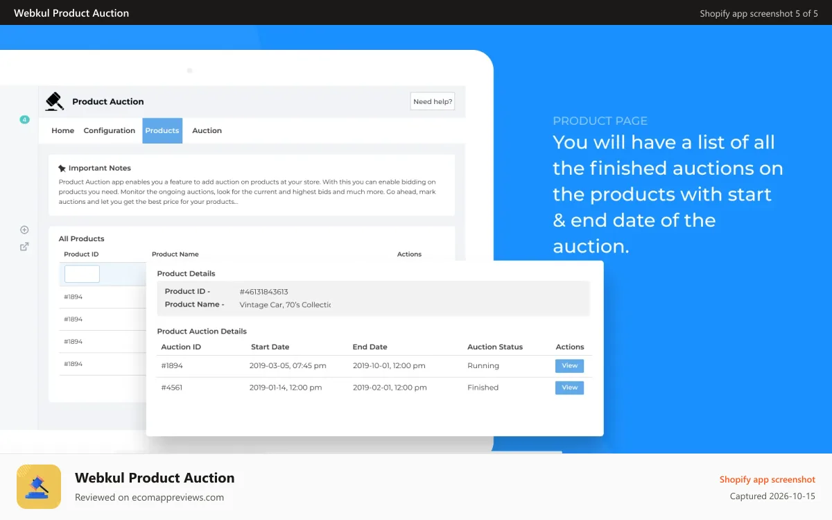 Webkul Product Auction Shopify app screenshot: auction product listing