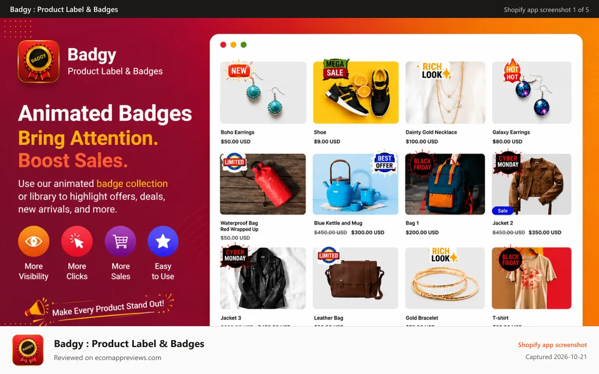 Badgy : Product Label & Badges Shopify app screenshot: boost sales with animated product badges