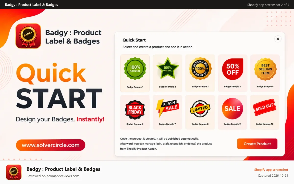 Badgy : Product Label & Badges Shopify app screenshot: quick start feature to create product badges quikly