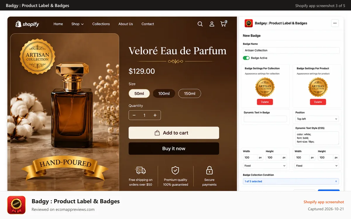 Badgy : Product Label & Badges Shopify app screenshot: customize product badges with flexible settings