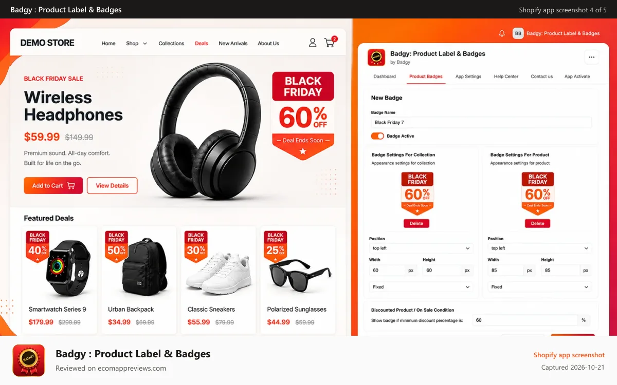 Badgy : Product Label & Badges Shopify app screenshot: create sale badges for discounted products
