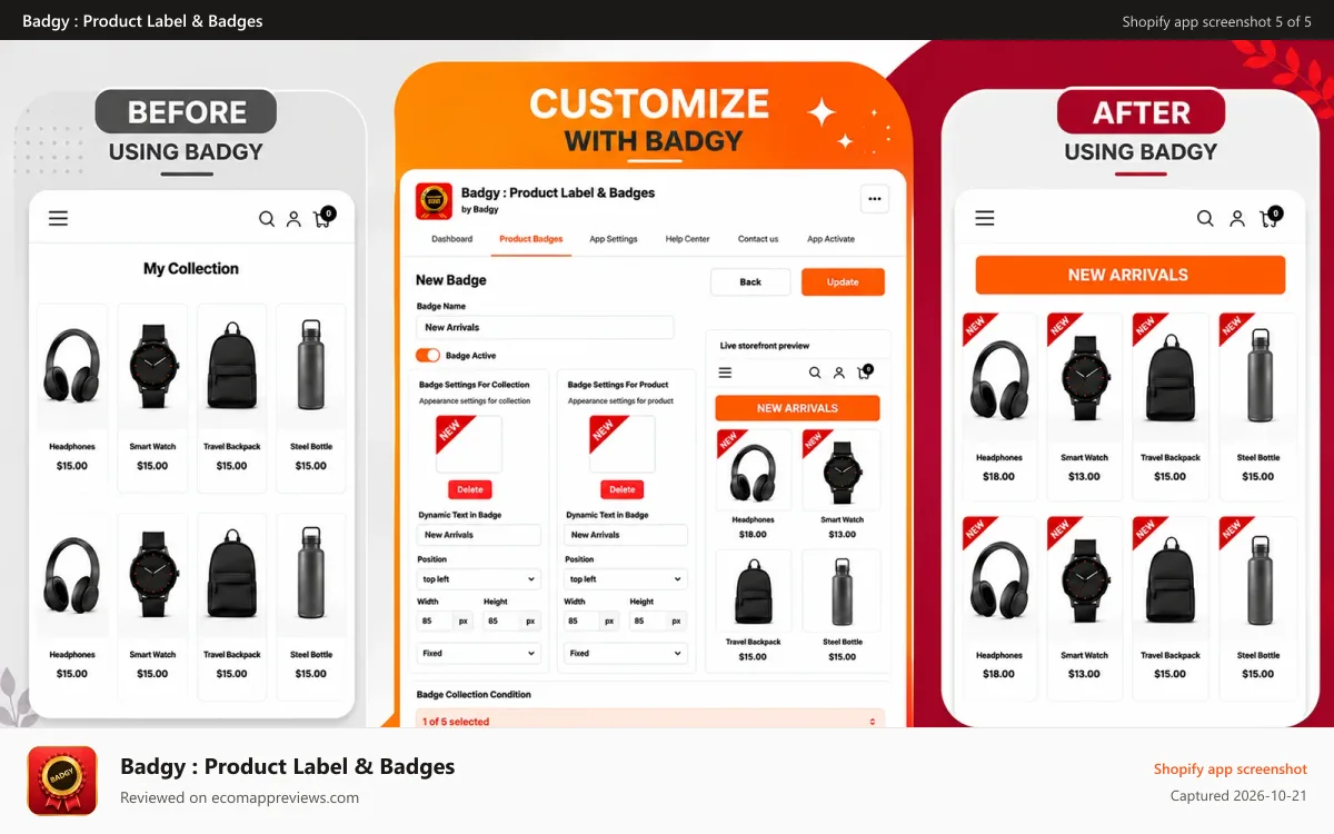 Badgy : Product Label & Badges Shopify app screenshot: add custom badges to collection and product page