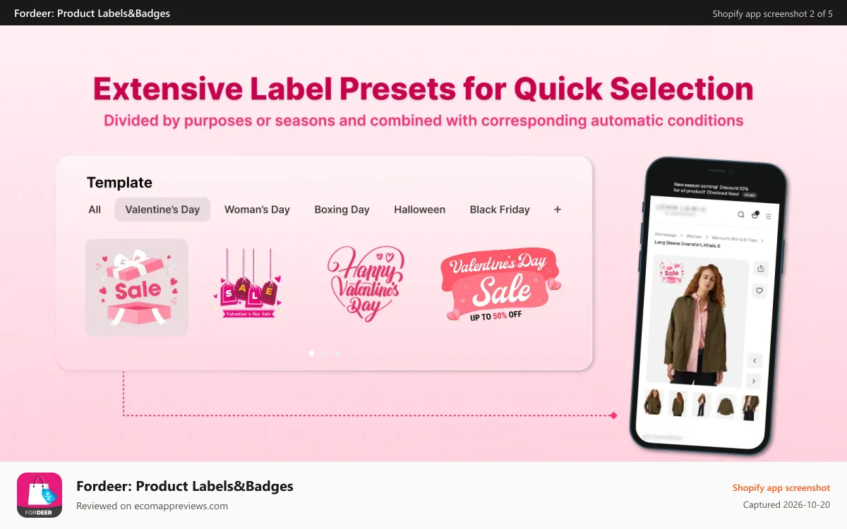 Fordeer: Product Labels&Badges Shopify app screenshot: Multi Labels, Multi Price Badges