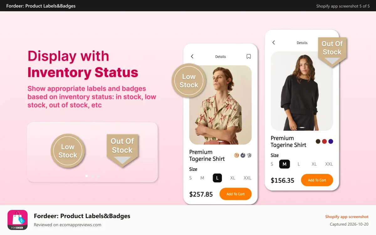 Fordeer: Product Labels&Badges Shopify app screenshot: Display with Inventory status