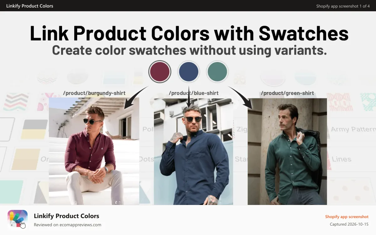 Linkify Product Colors Shopify app screenshot: Link product colors using swatches across separate products