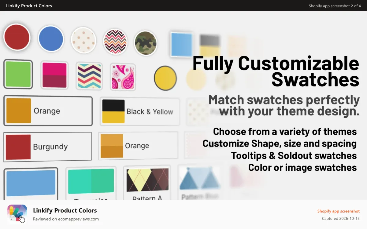 Linkify Product Colors Shopify app screenshot: Customize swatch size, shape, style and tooltips