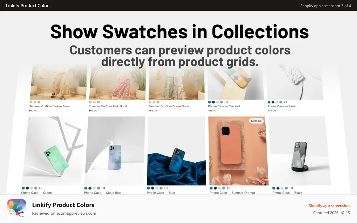 Linkify Product Colors Shopify app screenshot: Show color swatches on collection product grids