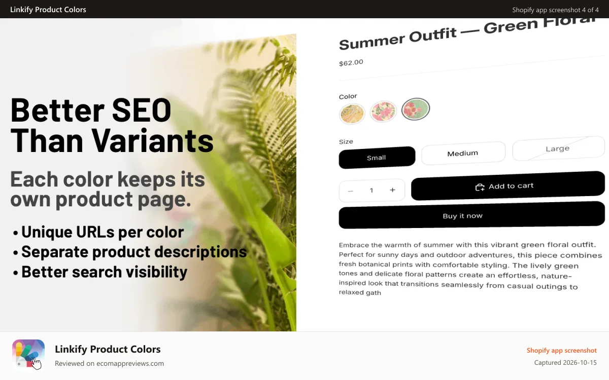 Linkify Product Colors Shopify app screenshot: Unique URLs and content for each product color
