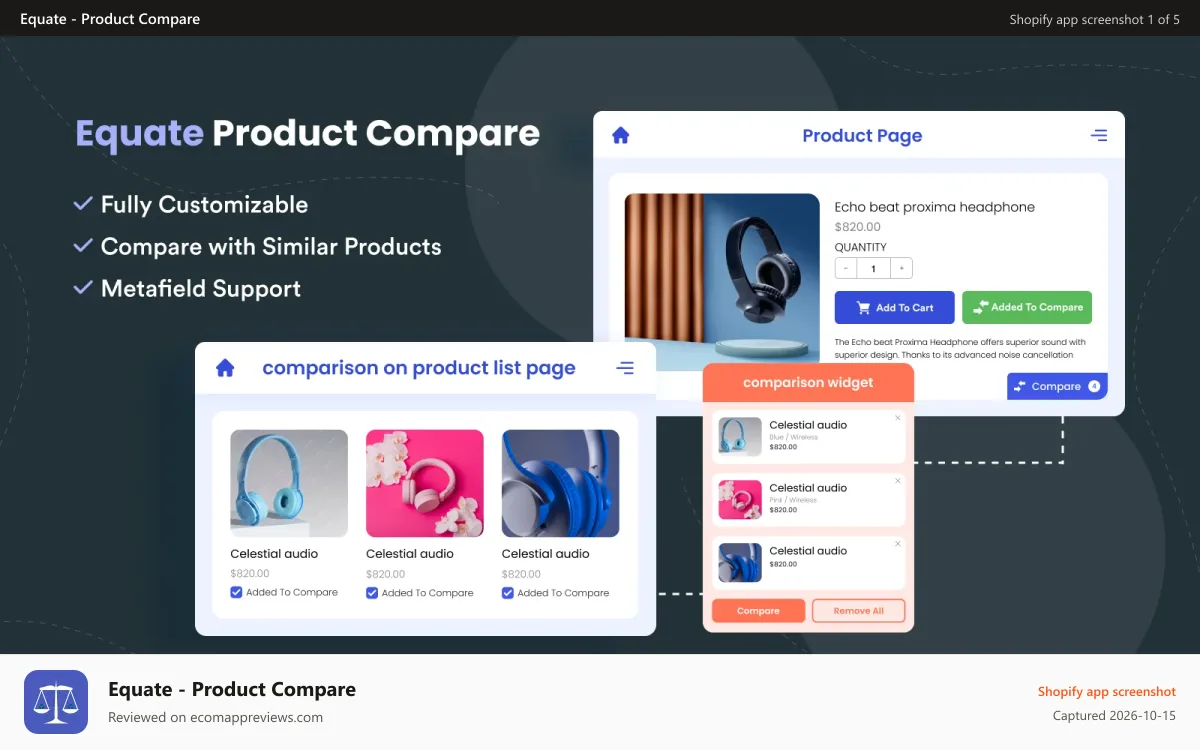 Equate ‑ Product Compare Shopify app screenshot: shopify compare products