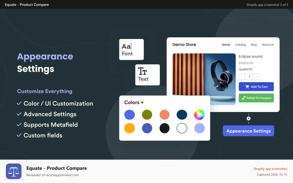 Equate ‑ Product Compare Shopify app screenshot: Appearance settings for product compare app widget to display
