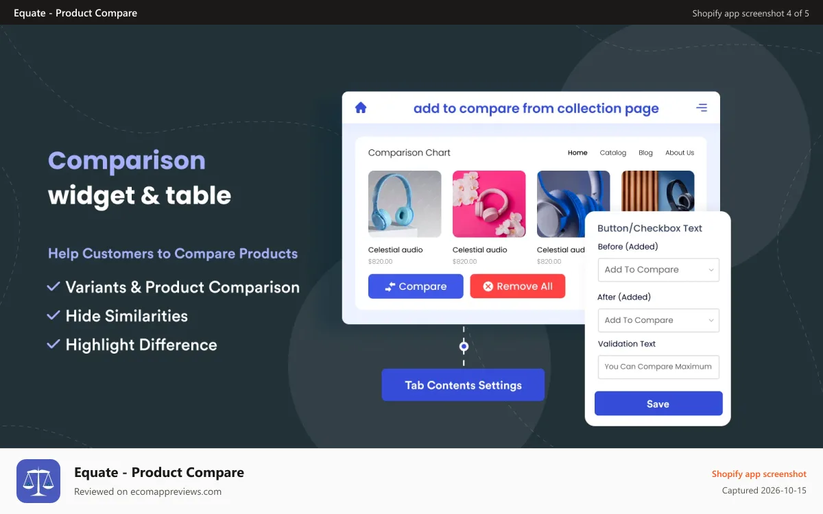 Equate ‑ Product Compare Shopify app screenshot: comparison widget & table. amazon like comparison