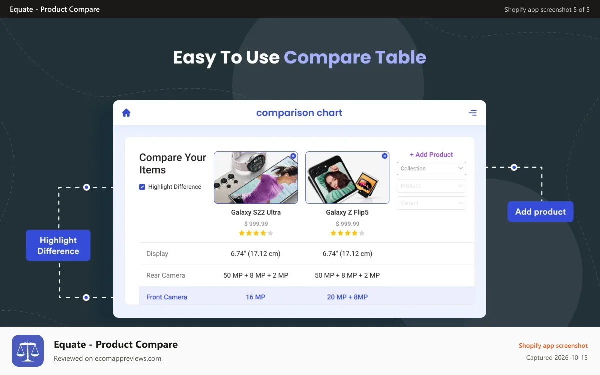 Equate ‑ Product Compare Shopify app screenshot: how compare page will look upon product comparison