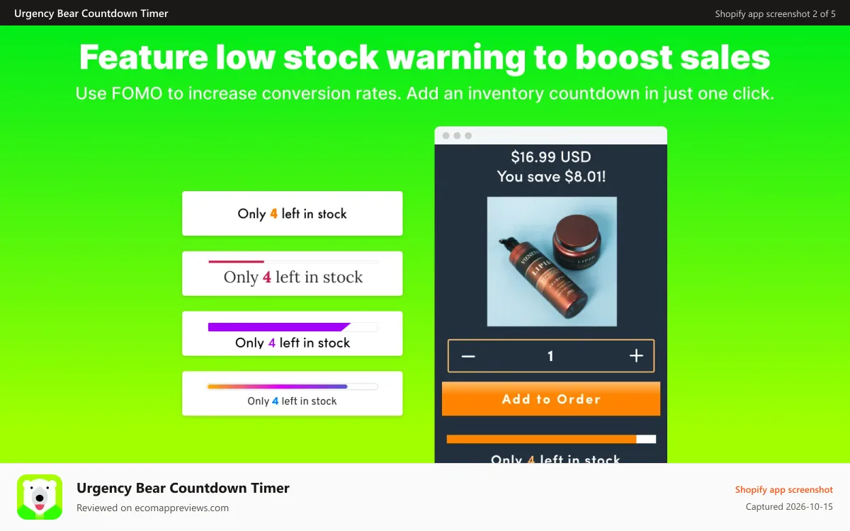 Urgency Bear Countdown Timer Shopify app screenshot: Stock countdown, countdown timer and countdown clock