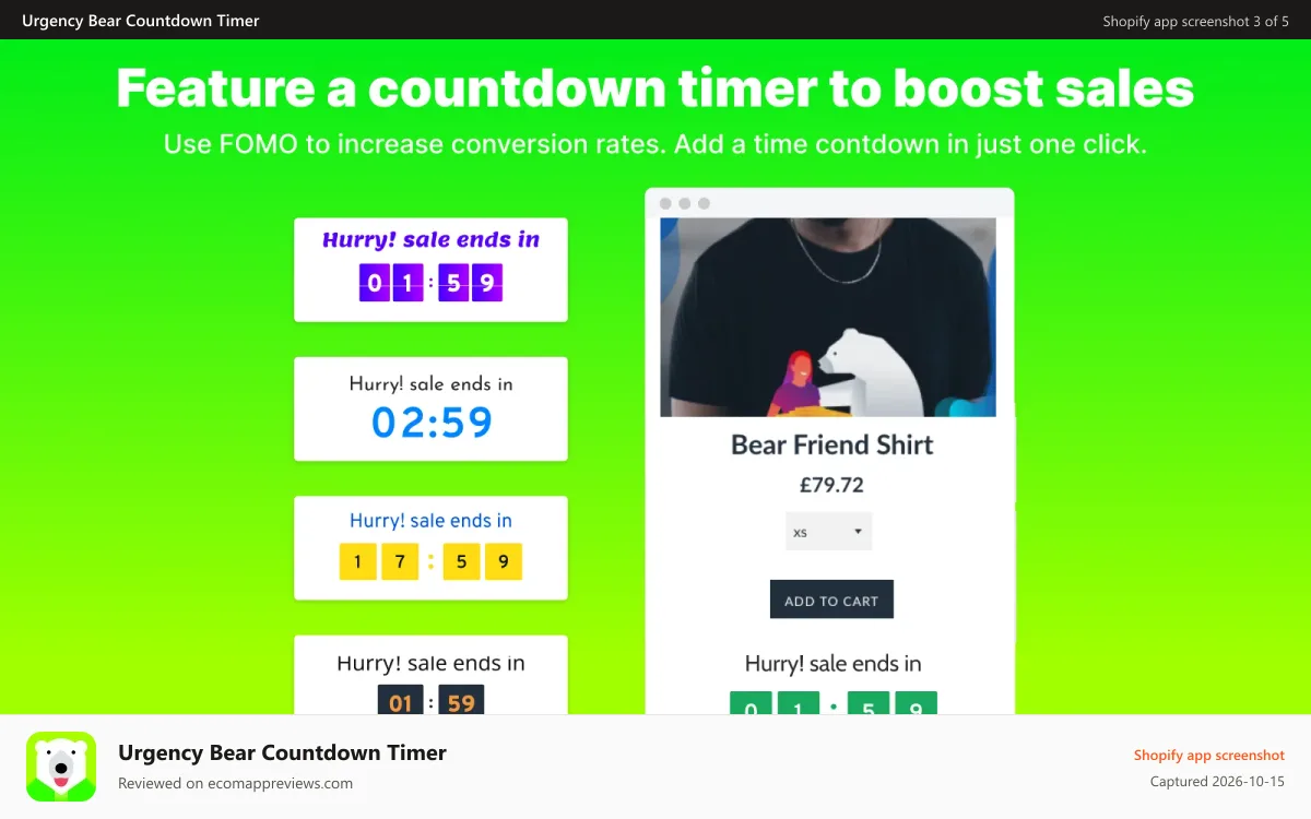 Urgency Bear Countdown Timer Shopify app screenshot: countdown, count down, stock, stock counter, stock countdown