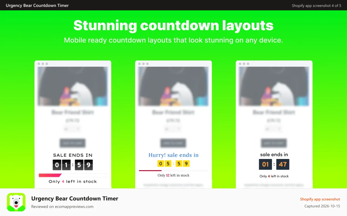 Urgency Bear Countdown Timer Shopify app screenshot: stock counter, countdown, sale countdown, countdown timer