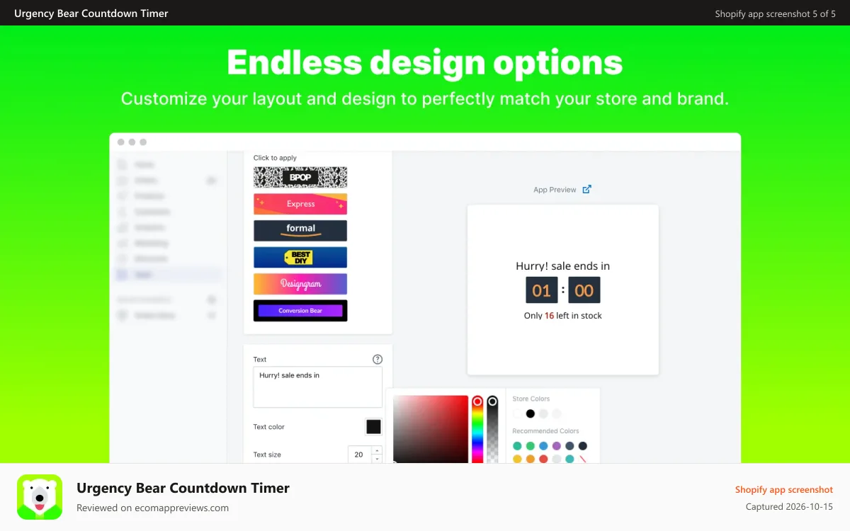Urgency Bear Countdown Timer Shopify app screenshot: timer, scarcity, low stock, timer, countdown bear, inventory