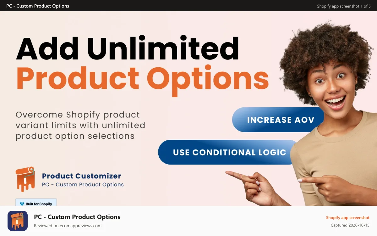 PC ‑ Custom Product Options Shopify app screenshot: Your Shopify Product Personalizer app for product options