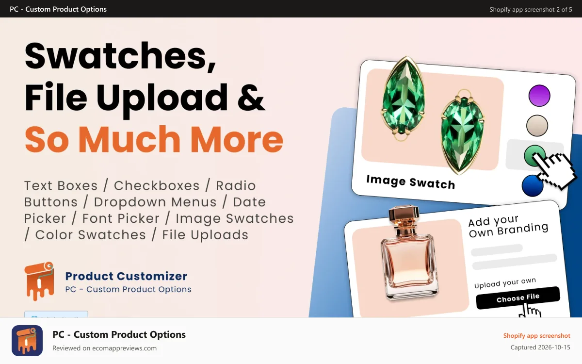PC ‑ Custom Product Options Shopify app screenshot: Unlimited product options fields with Shopify Product Customizer