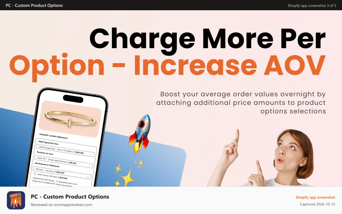 PC ‑ Custom Product Options Shopify app screenshot: Additional pricing with Shopify Product Options app