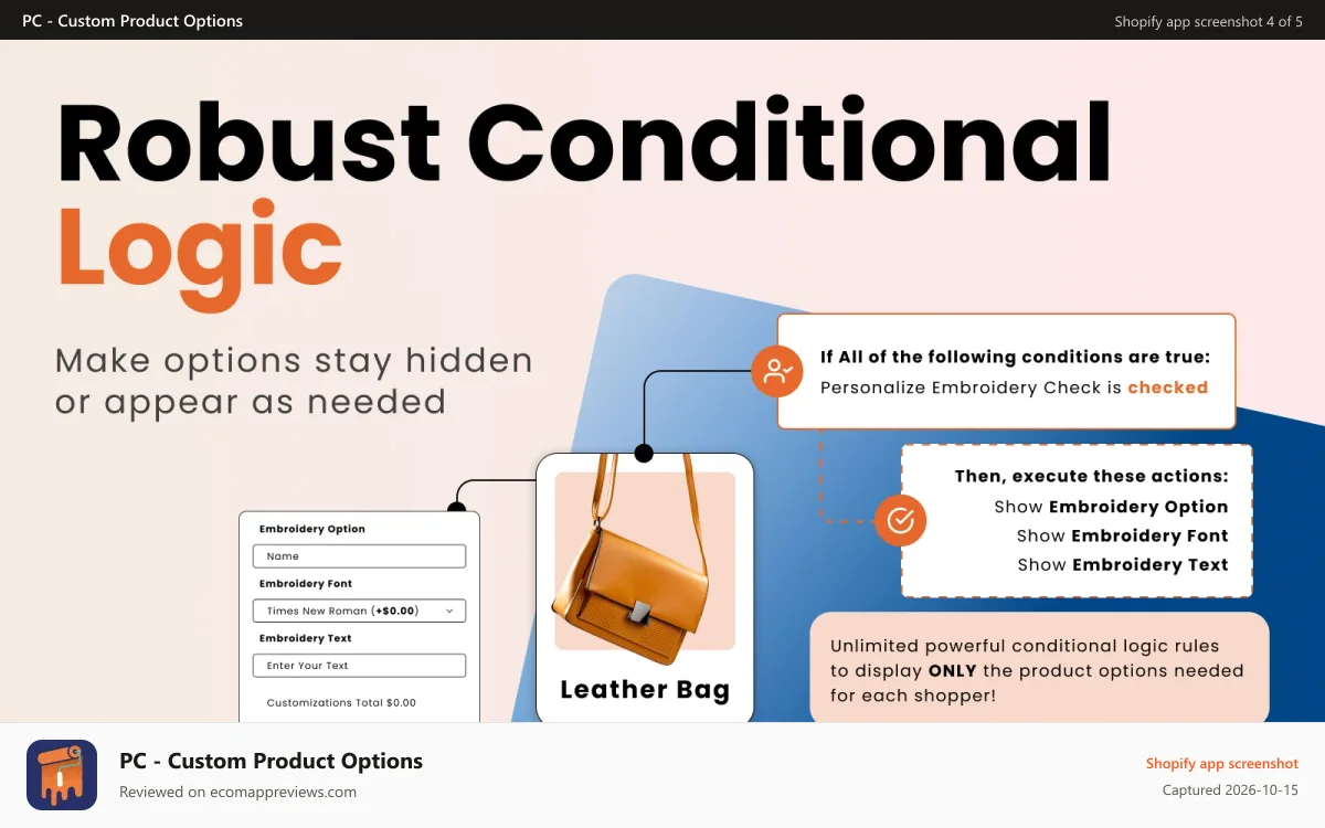 PC ‑ Custom Product Options Shopify app screenshot: Conditional logic product options Shopify app