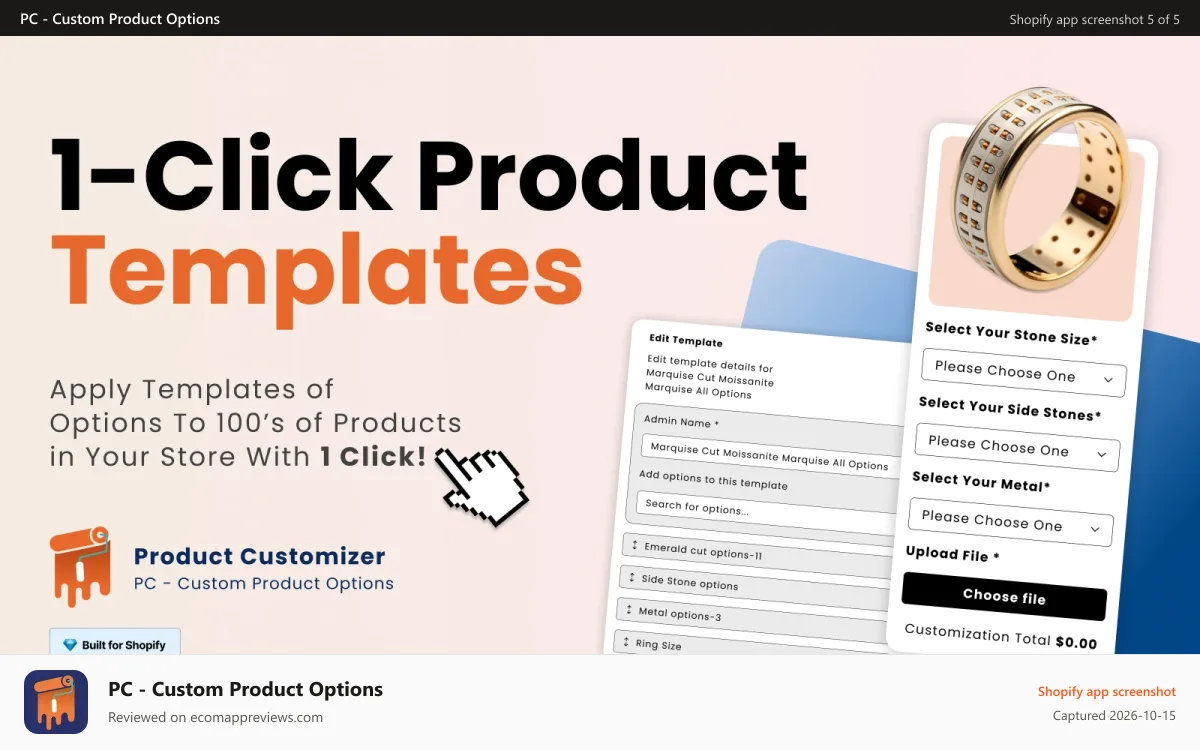 PC ‑ Custom Product Options Shopify app screenshot: Templates of options for Shopify Product Customizer app