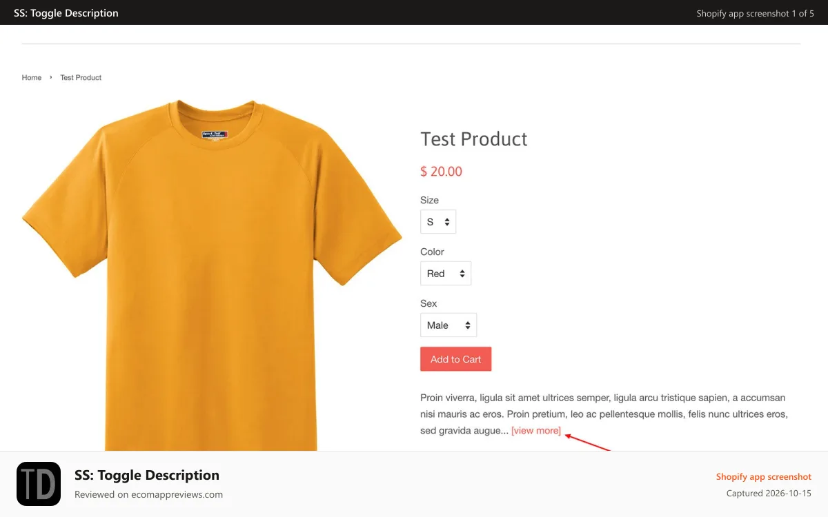 SS: Toggle Description Shopify app screenshot: Hide and show long text on the product page