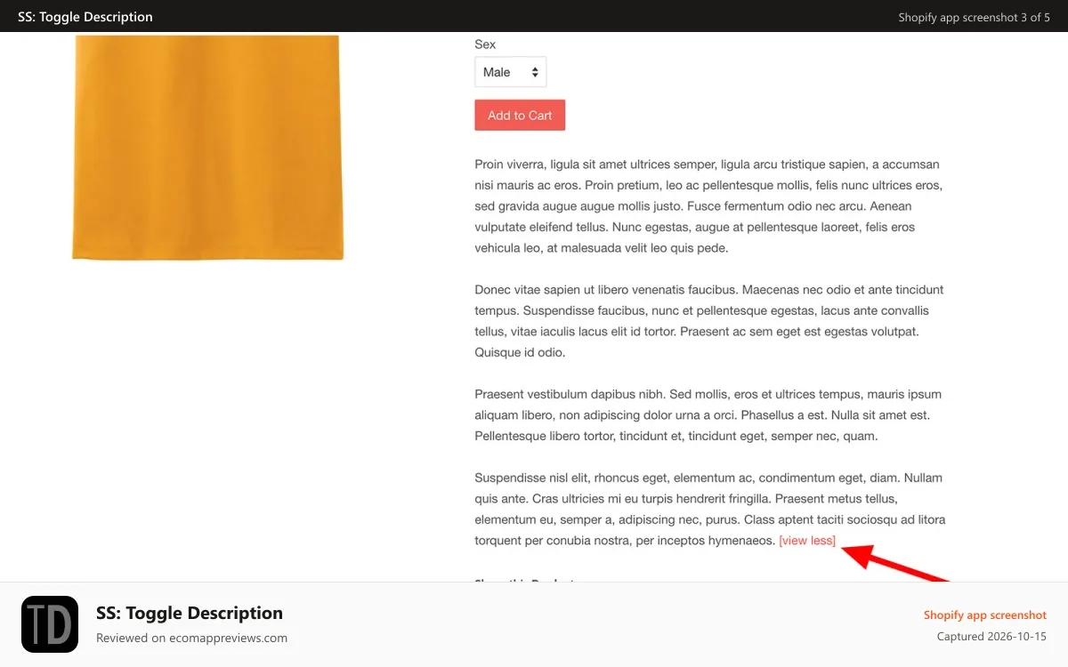 SS: Toggle Description Shopify app screenshot: Collapse description desktop: view less