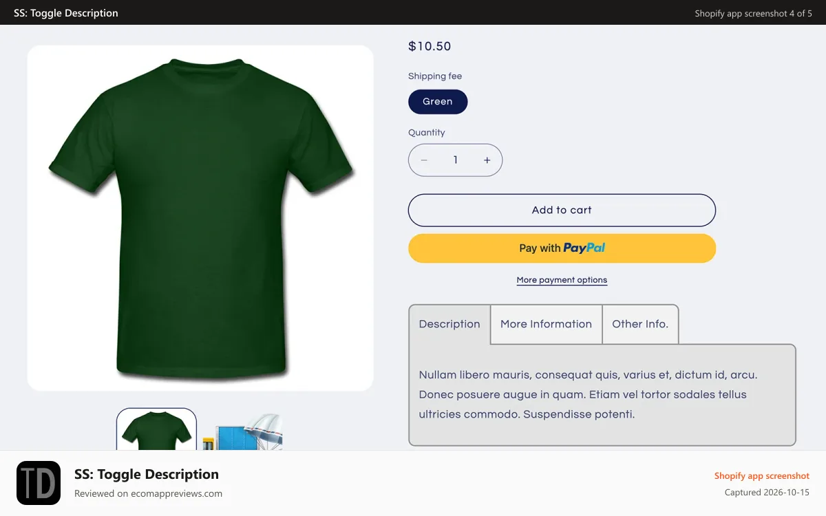 SS: Toggle Description Shopify app screenshot: Converting the product description to tabs