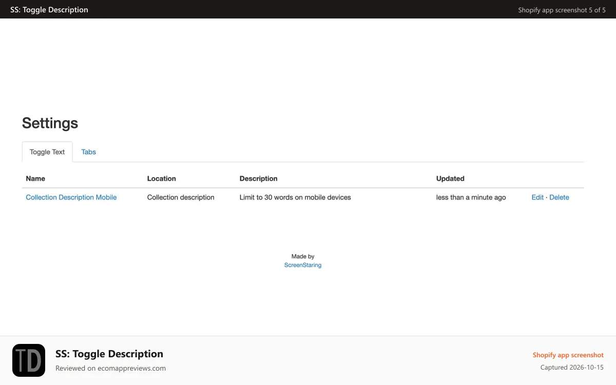 SS: Toggle Description Shopify app screenshot: Settings to toggle collection and product descriptions. Tabs too