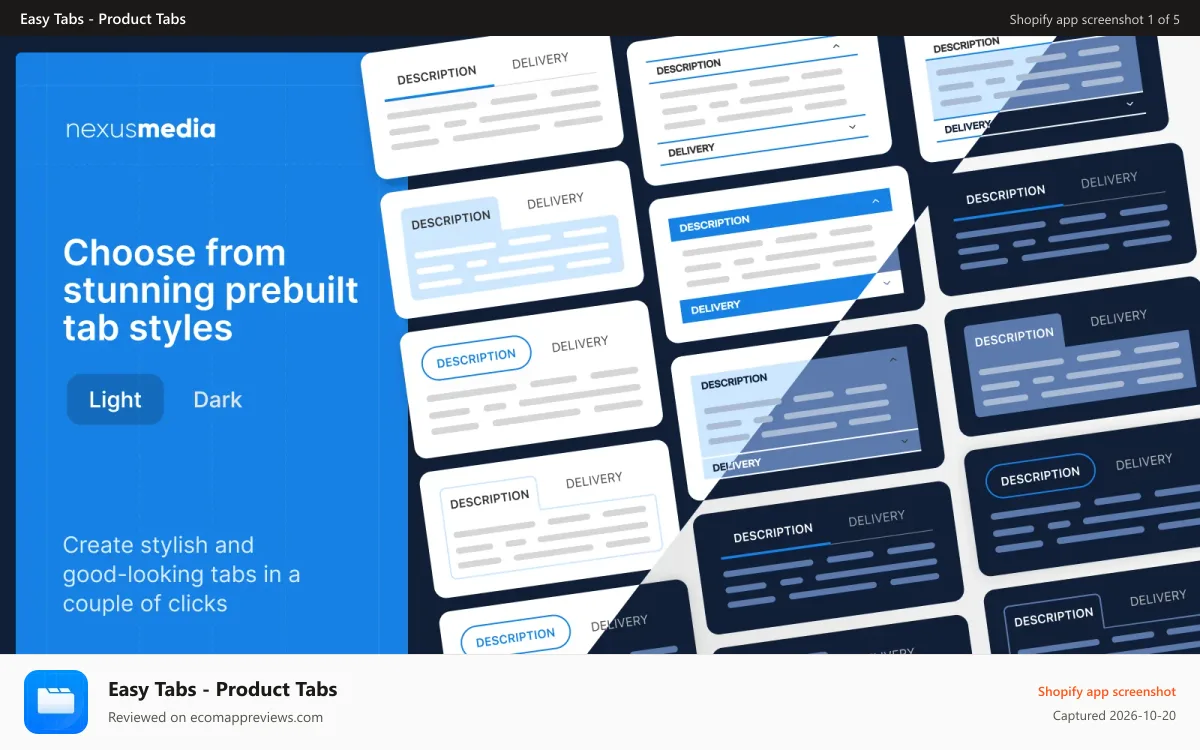 Easy Tabs ‑ Product Tabs Shopify app screenshot: Choose from a library of professionally designed tab styles