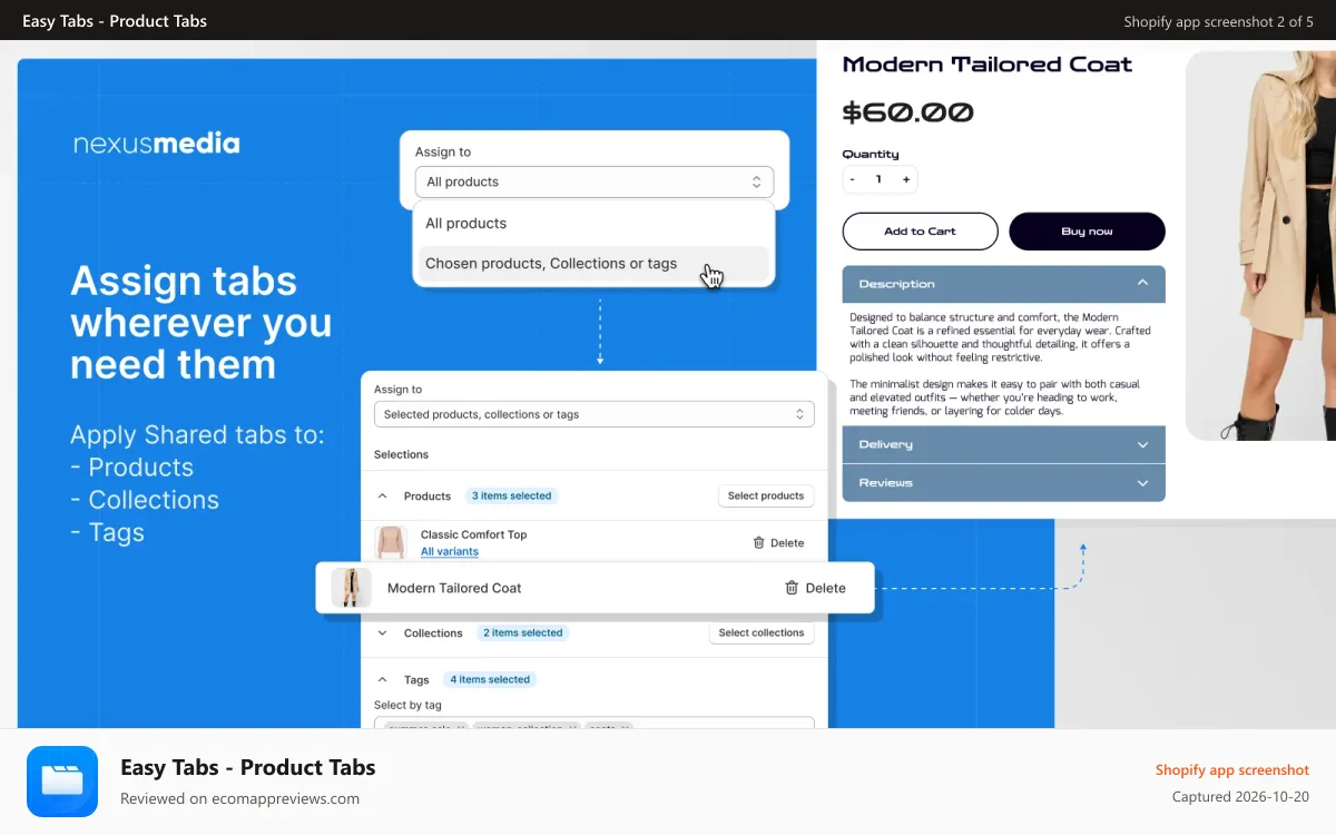 Easy Tabs ‑ Product Tabs Shopify app screenshot: Assign shared tabs to collections, products, or tags
