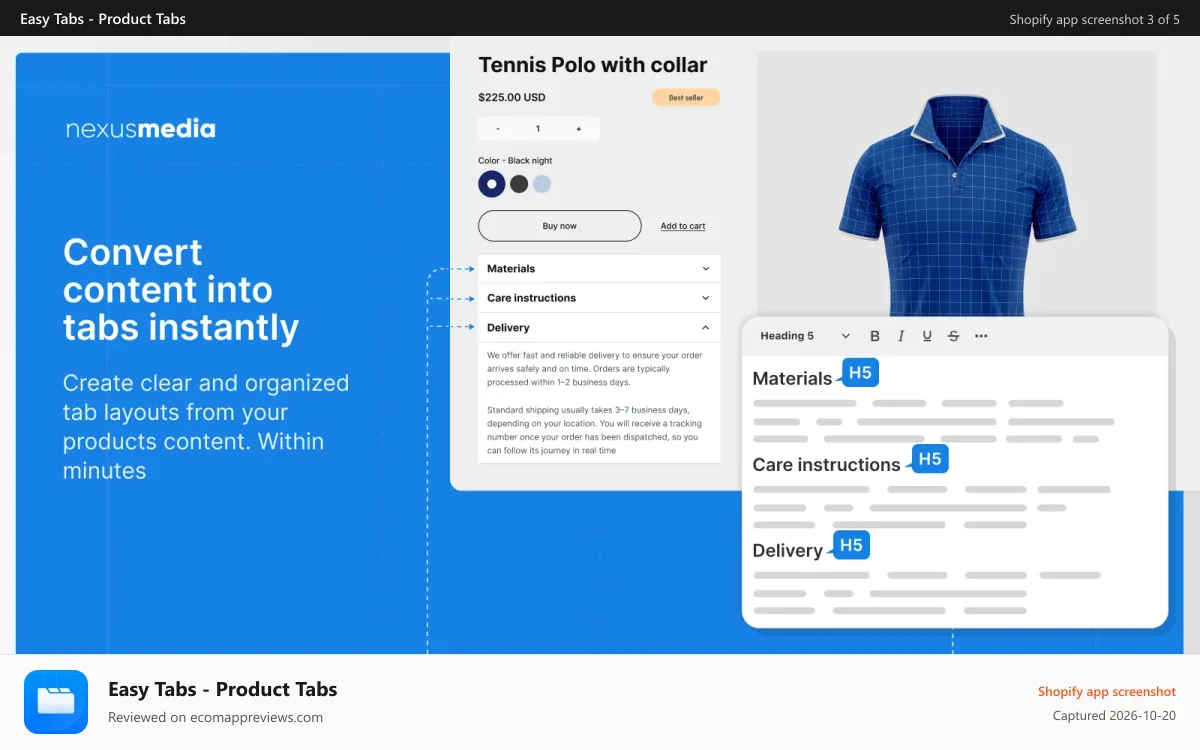 Easy Tabs ‑ Product Tabs Shopify app screenshot: Create tabs by adding headings to the product descriptions
