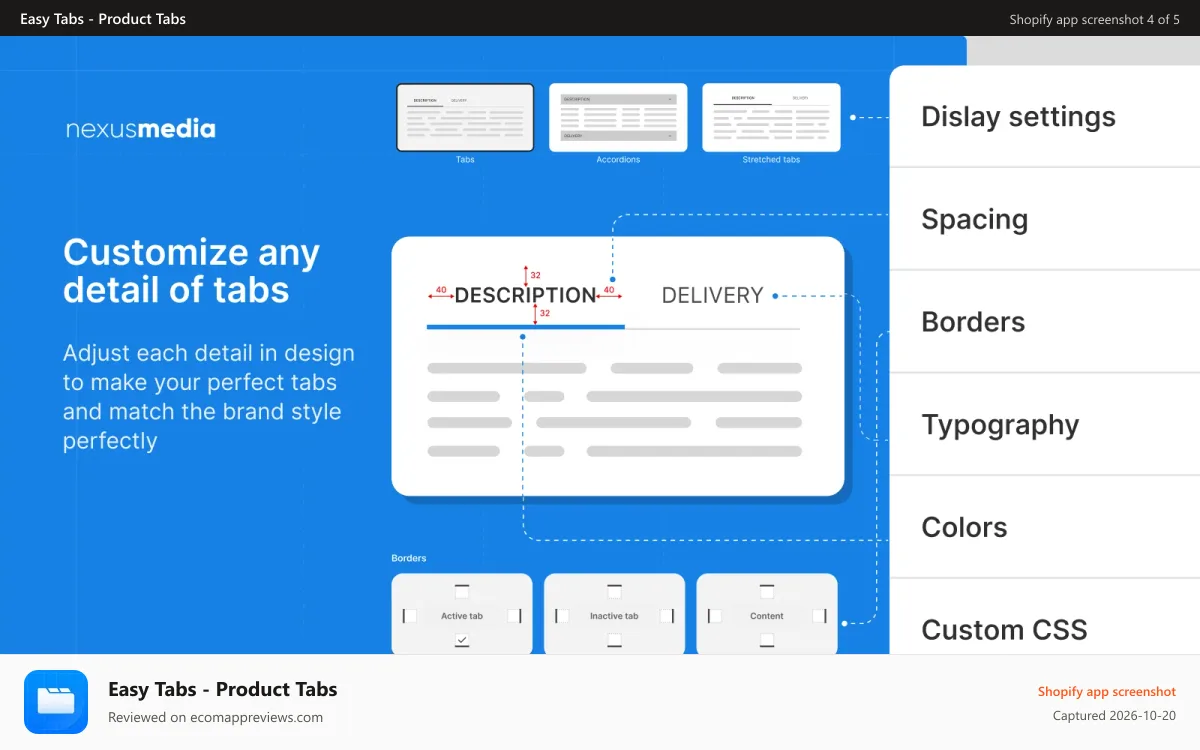 Easy Tabs ‑ Product Tabs Shopify app screenshot: Customize colors, text, spacing, backgrounds, borders, and more