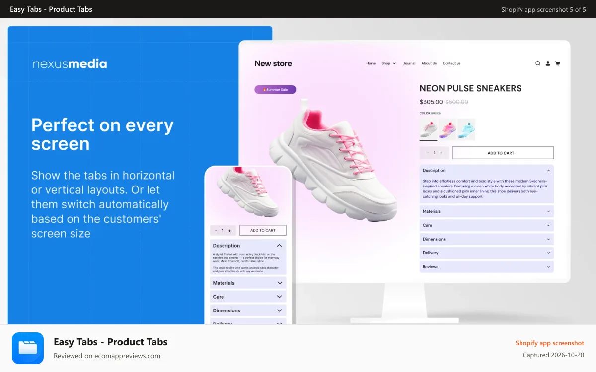 Easy Tabs ‑ Product Tabs Shopify app screenshot: Perfect for any screen: tabs or accordions