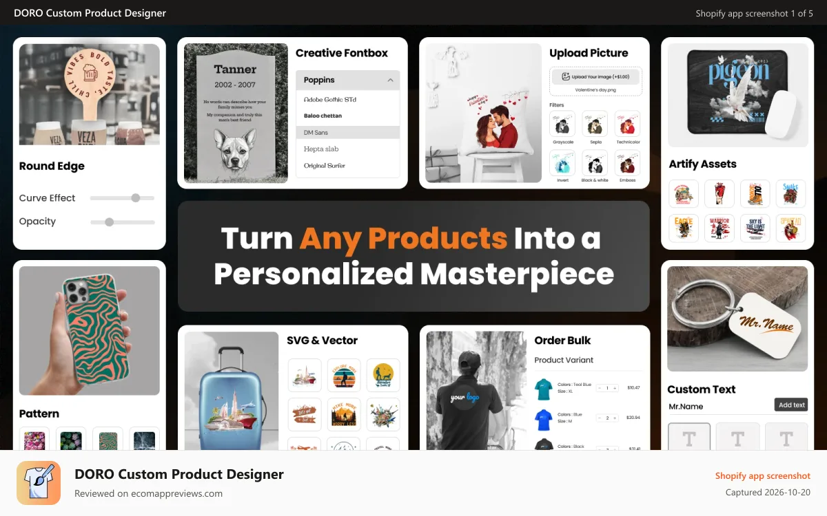 DORO Custom Product Designer Shopify app screenshot: Enable product personalization for custom product designs