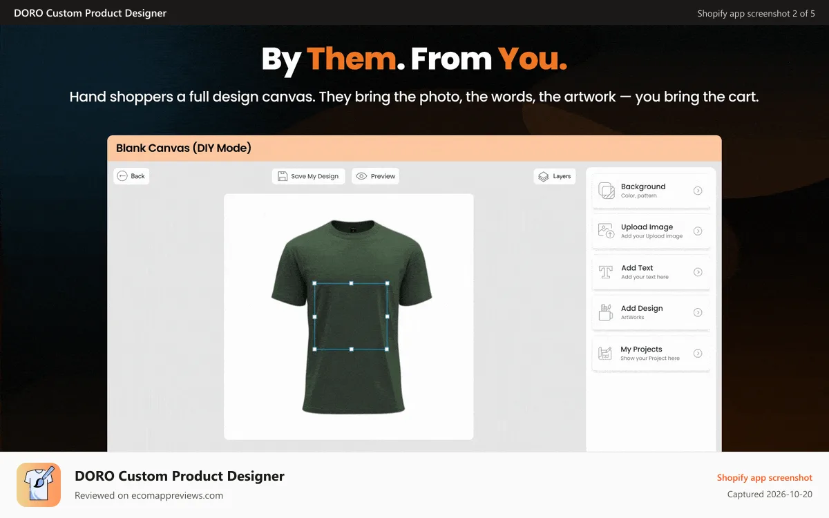 DORO Custom Product Designer Shopify app screenshot: Custom t-shirt designer with text, image & color options