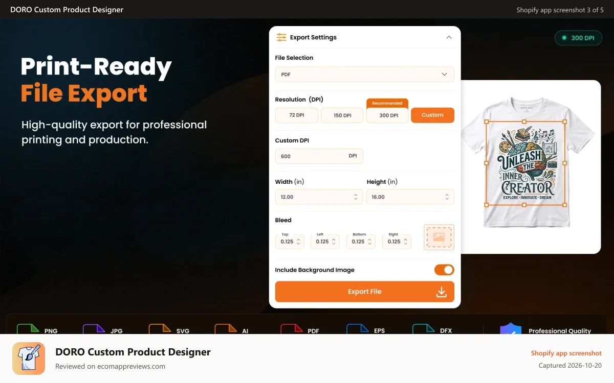 DORO Custom Product Designer Shopify app screenshot: Download Print ready file with custom DPI
