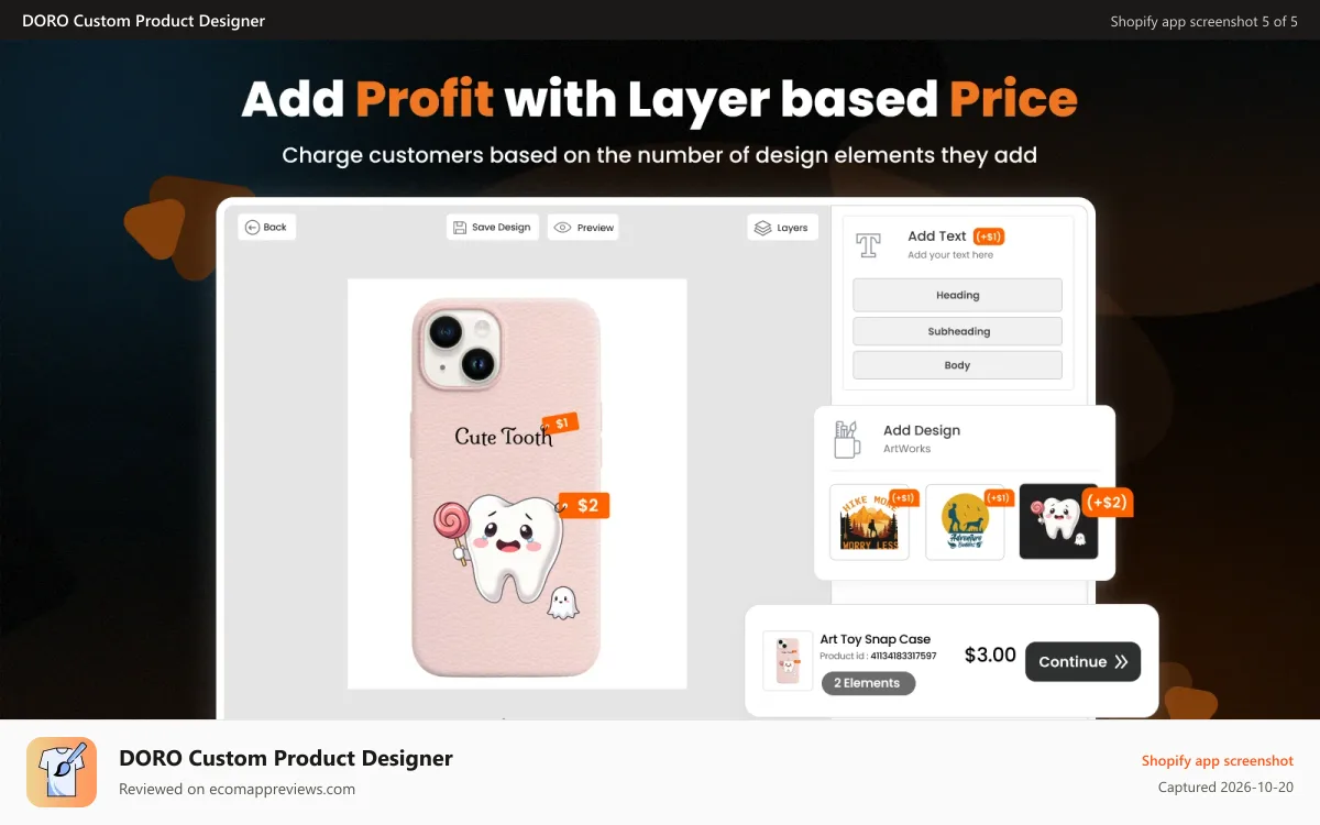 DORO Custom Product Designer Shopify app screenshot: Custom phone case designer with text, image & color options