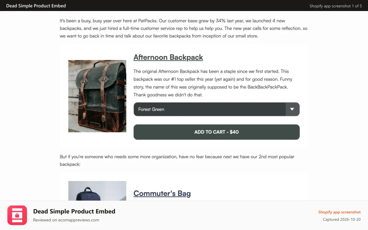 Dead Simple Product Embed Shopify app screenshot: The embed displayed in the middle of a blog post.