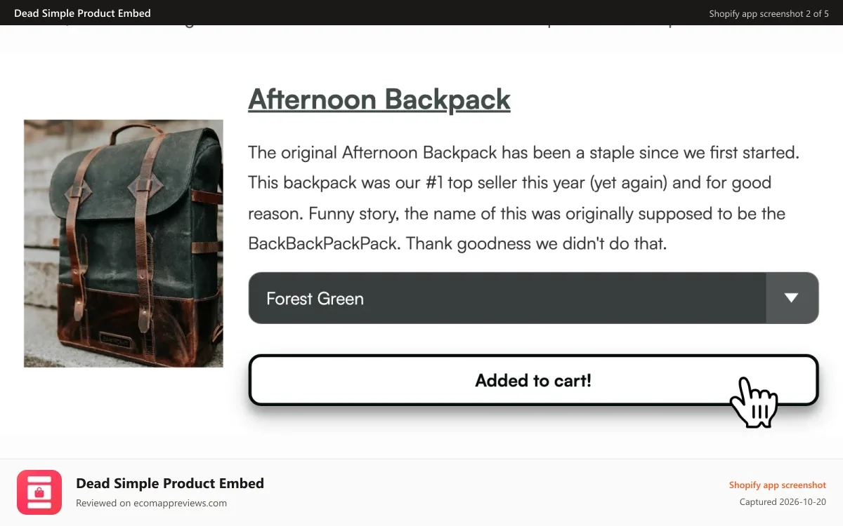 Dead Simple Product Embed Shopify app screenshot: The embed features a buy button that can add products directly