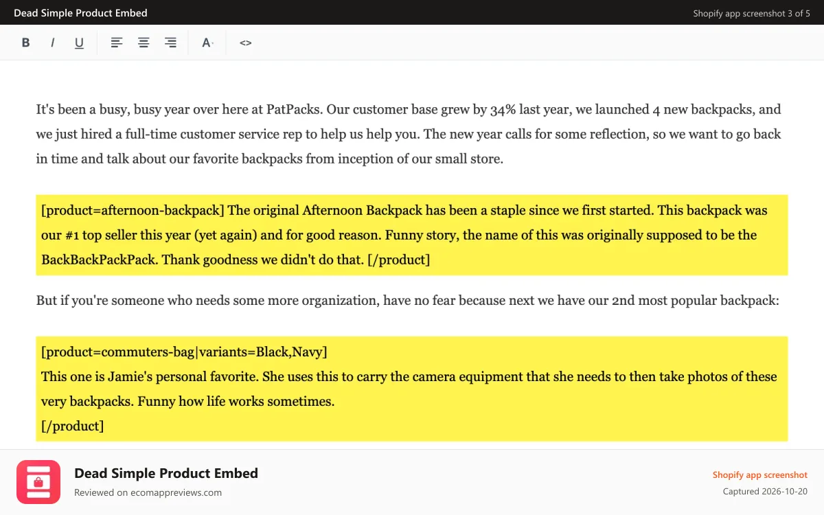 Dead Simple Product Embed Shopify app screenshot: Use the standard editor and put the embed tags wherever you want
