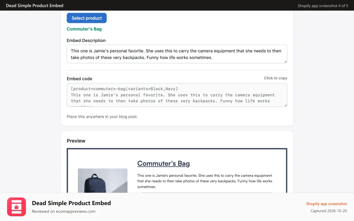 Dead Simple Product Embed Shopify app screenshot: The helper tool lets you copy embed code and preview the embed