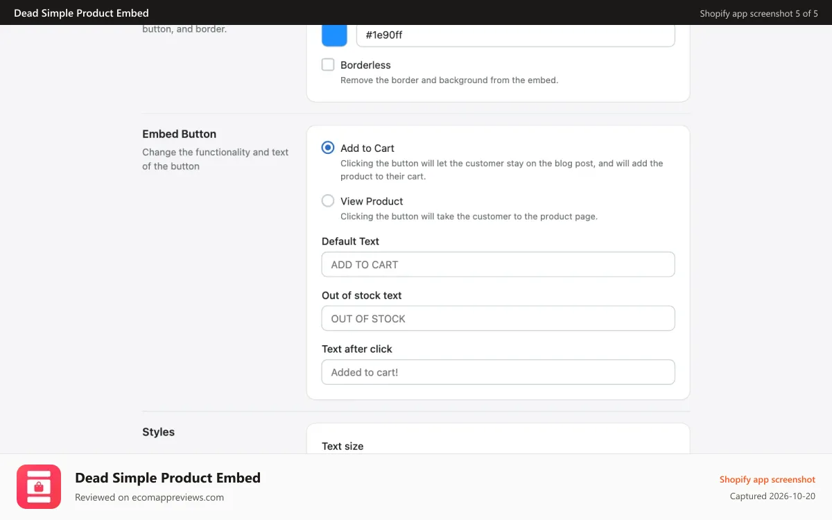 Dead Simple Product Embed Shopify app screenshot: Extra options are available to customize the embed