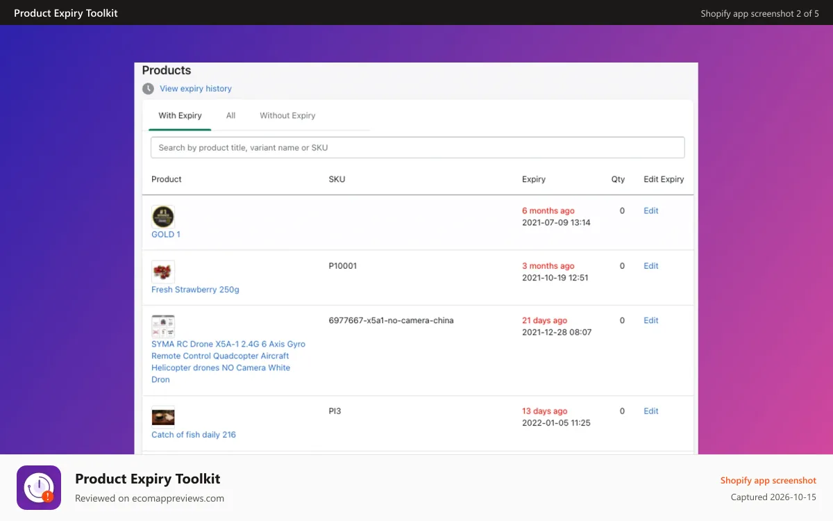 Product Expiry Toolkit Shopify app screenshot: all product list
