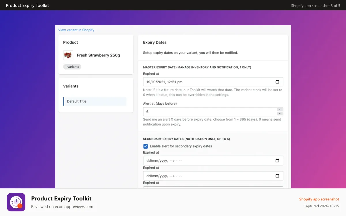 Product Expiry Toolkit Shopify app screenshot: set expiry date