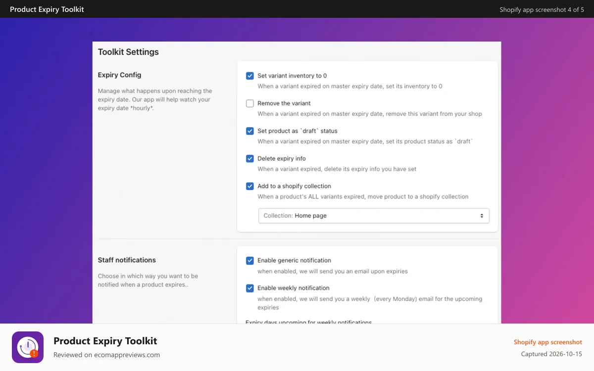 Product Expiry Toolkit Shopify app screenshot: app settings