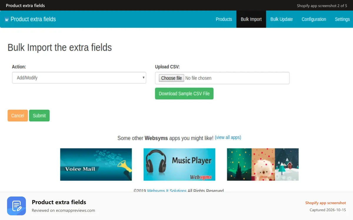Product extra fields Shopify app screenshot: Bulk Import