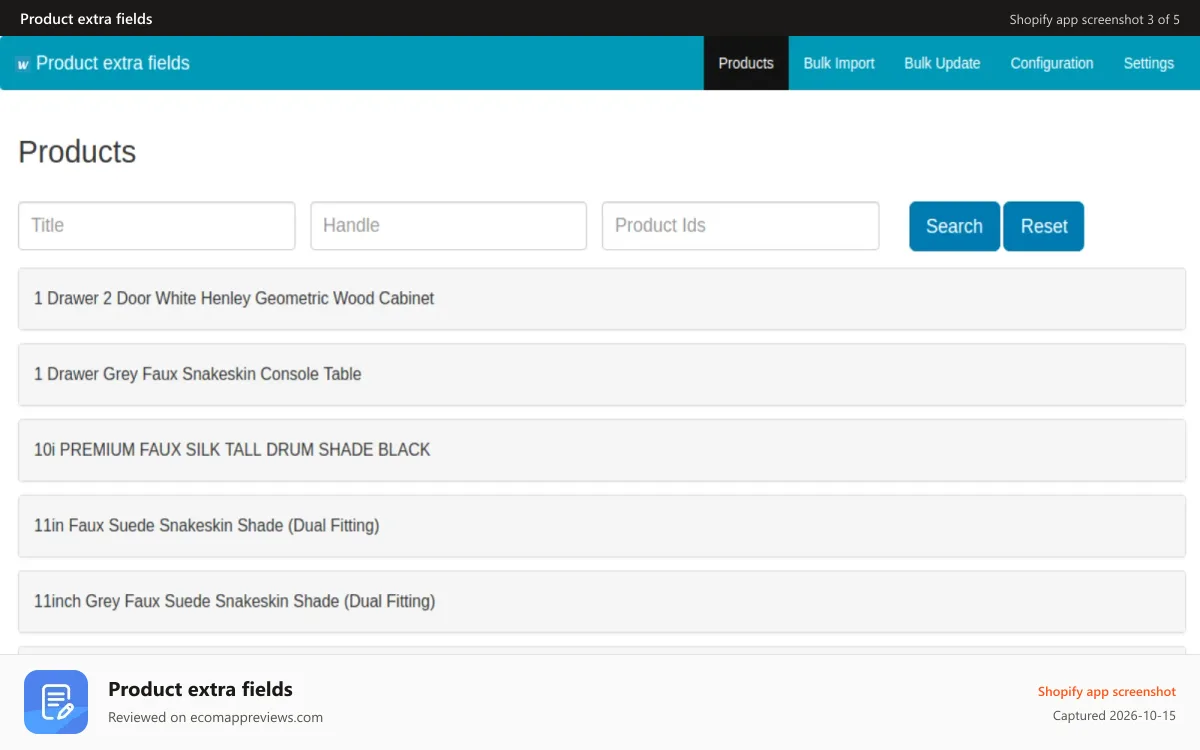 Product extra fields Shopify app screenshot: Products List