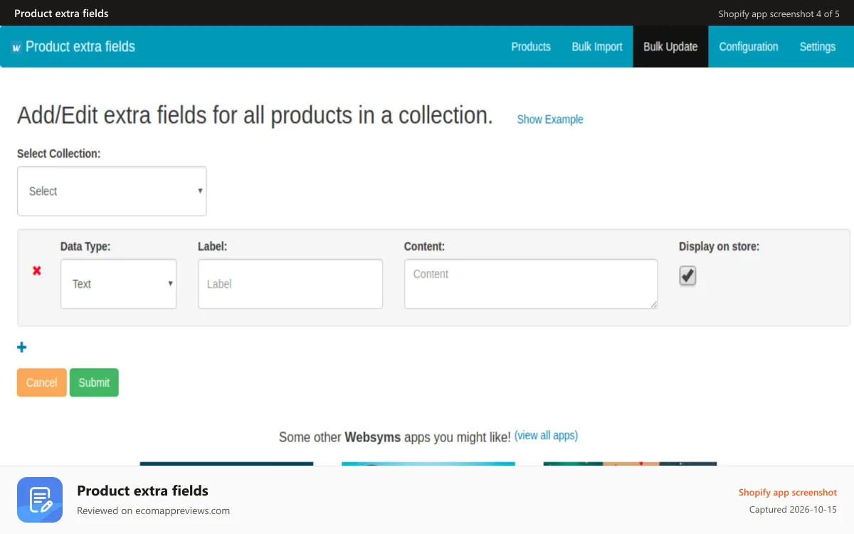 Product extra fields Shopify app screenshot: Edit Extra Fields